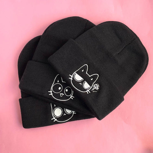 Embroidered Cat Expressions Beanie - Glow in the Dark