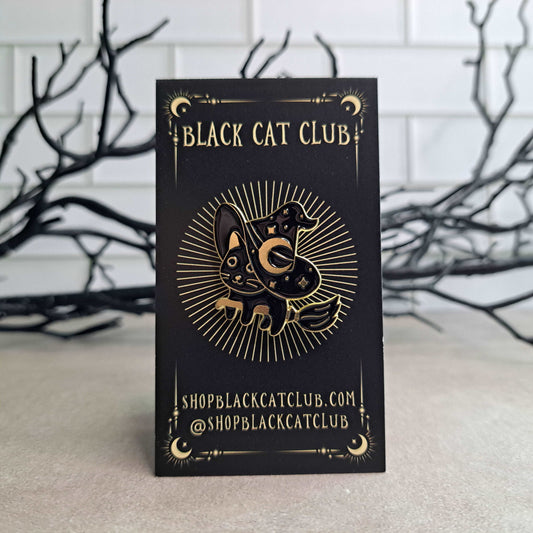Black Kitty Witch on a Boom Enamel Pin