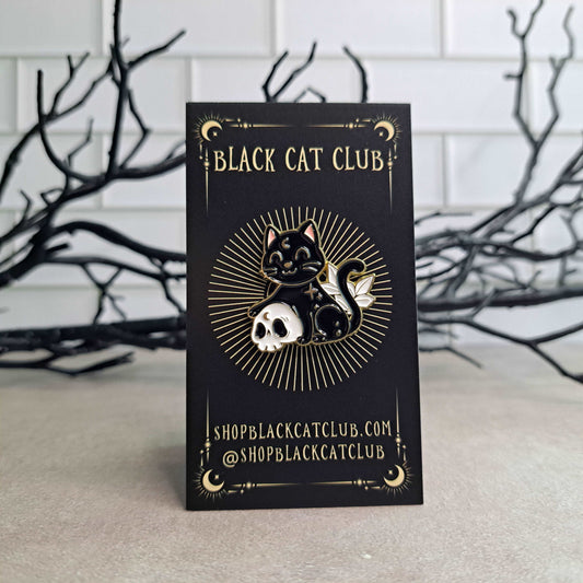 Black Cat with a Skull Enamel Pin