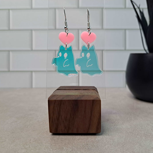 Kitty Ghosts with Pink Heart Dangle Earrings