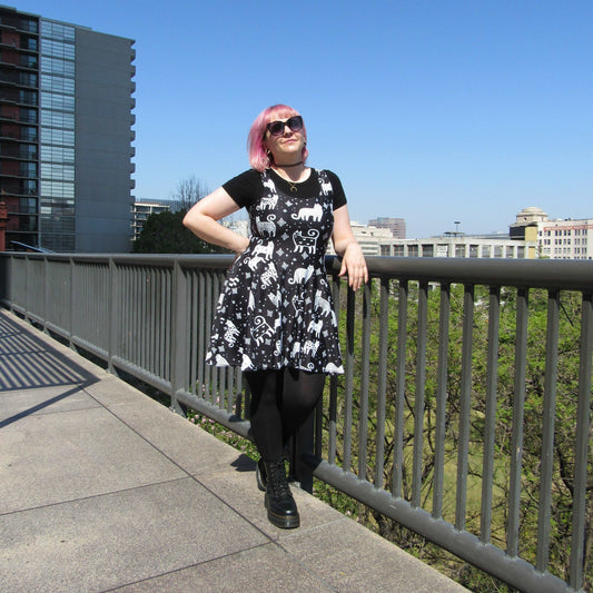 Black and White Kitties with Stars Skater Dress