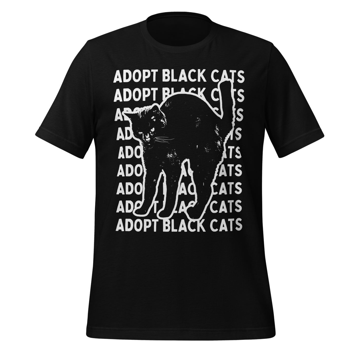 Black t-shirt with white text 'ADOPT BLACK CATS' and a graphic of a black cat.