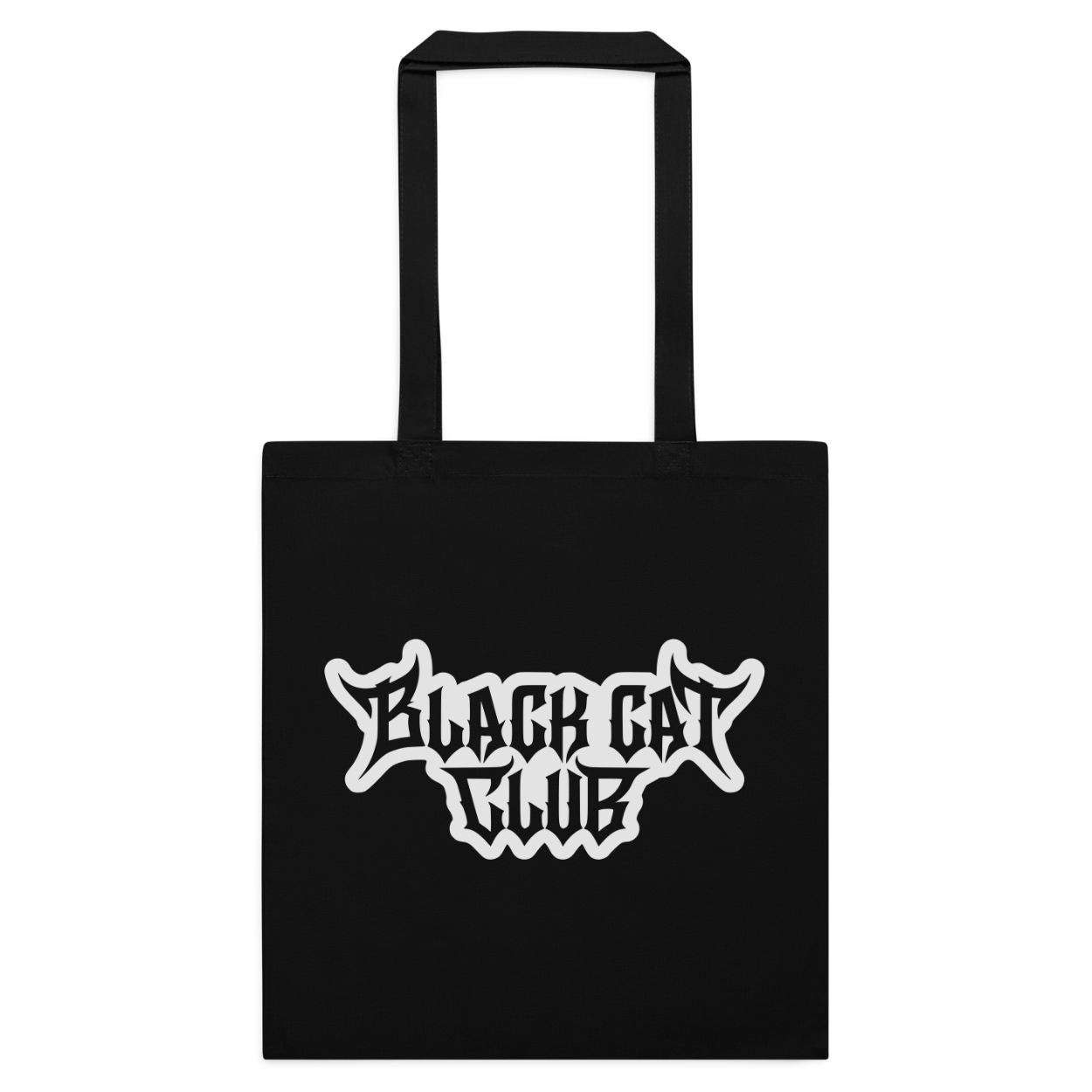 A black canvas tote bag with two black handles, featuring a stylized white 'Black Cat Club' logo printed on the front, set against a plain white background.