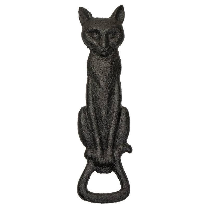Cast iron black cat-shaped bottle opener on a white background