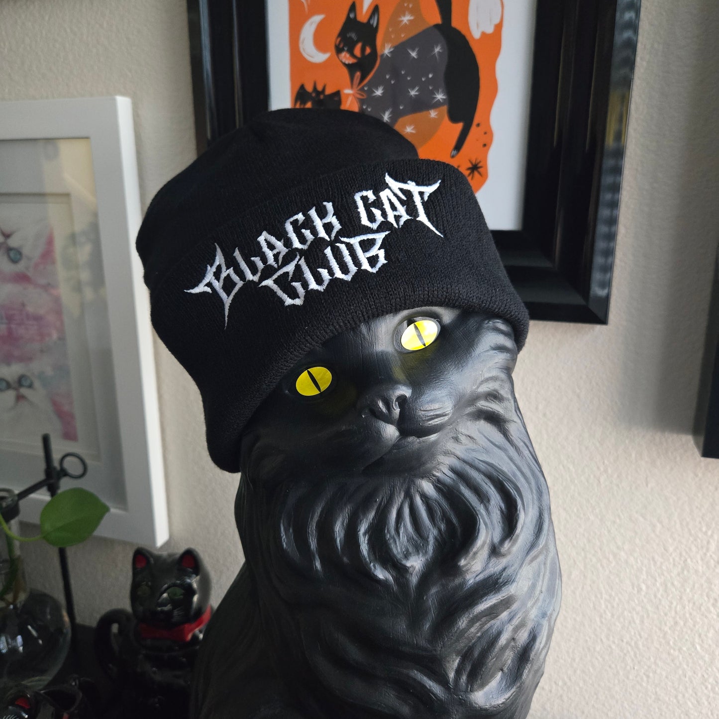 Black cat blow mold wearing Black beanie with 'Black Cat Club' logo embroidered in white on the cuff.
