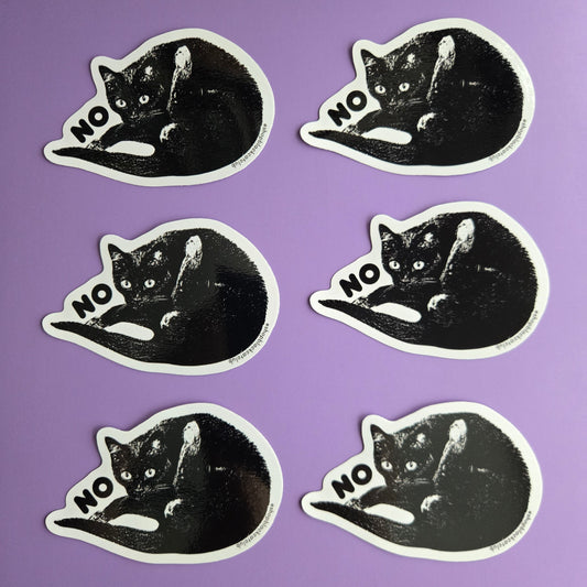 Six black and white stickers with a cat design and 'NO' text displayed on a purple background