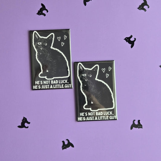 Two rectangular magnets with black and white cat illustrations reading 'He's not bad luck he's just a little guy' displayed on purple background.