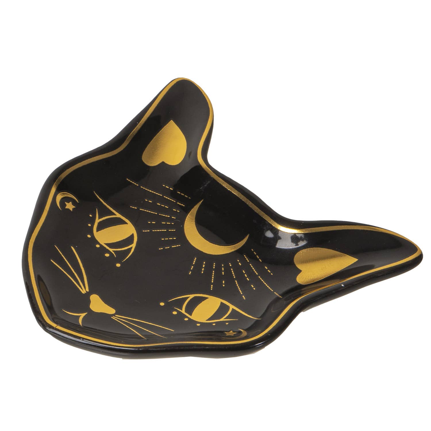 A black ceramic trinket dish with gold accents in the shape of a cat's head.