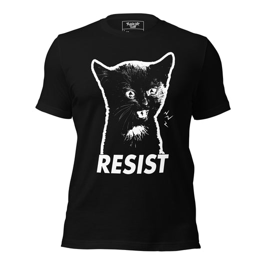 Black t-shirt with a graphic of a cat and the word 'RESIST' on a white background