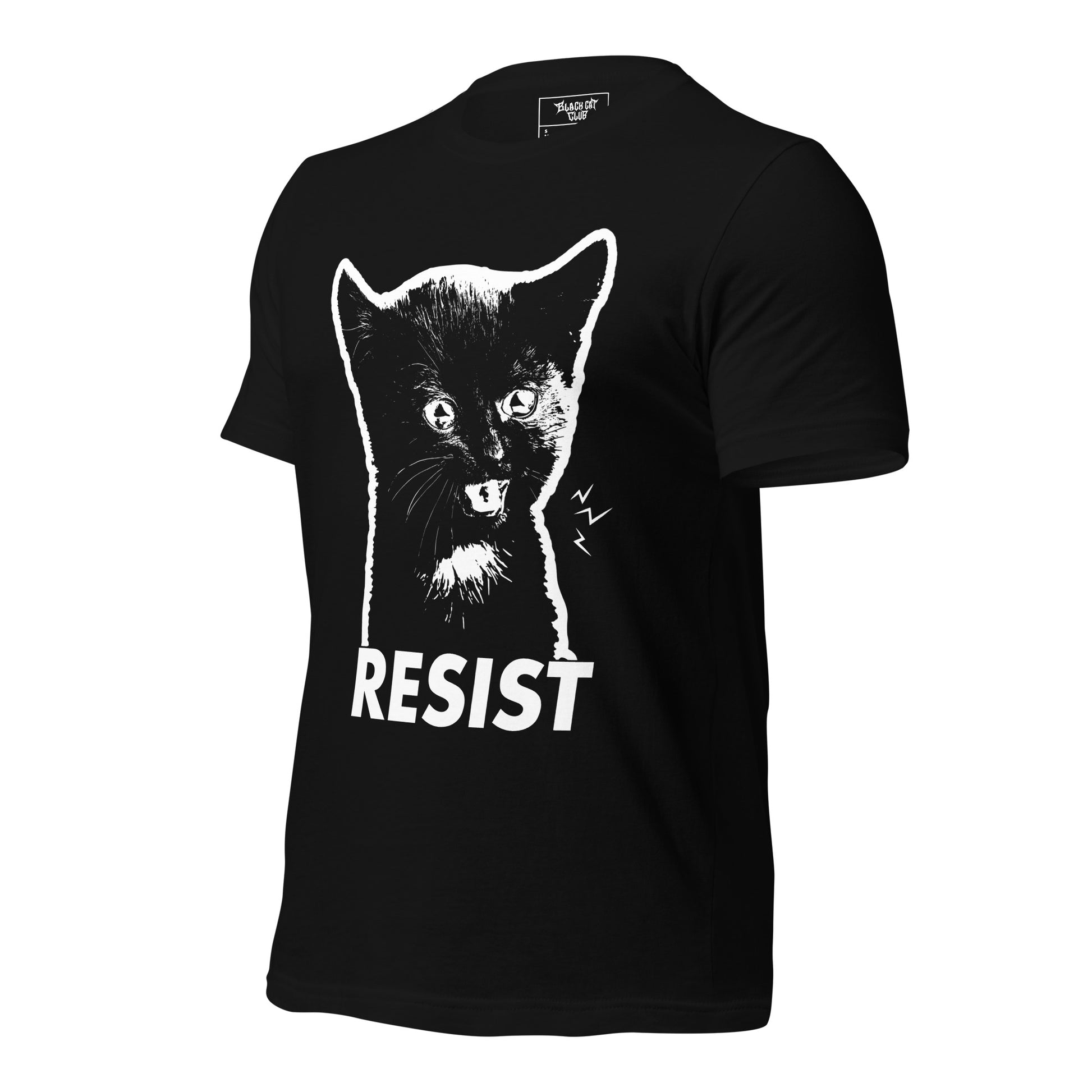 Black t-shirt with a graphic of a cat and the word 'RESIST' on a white background side view