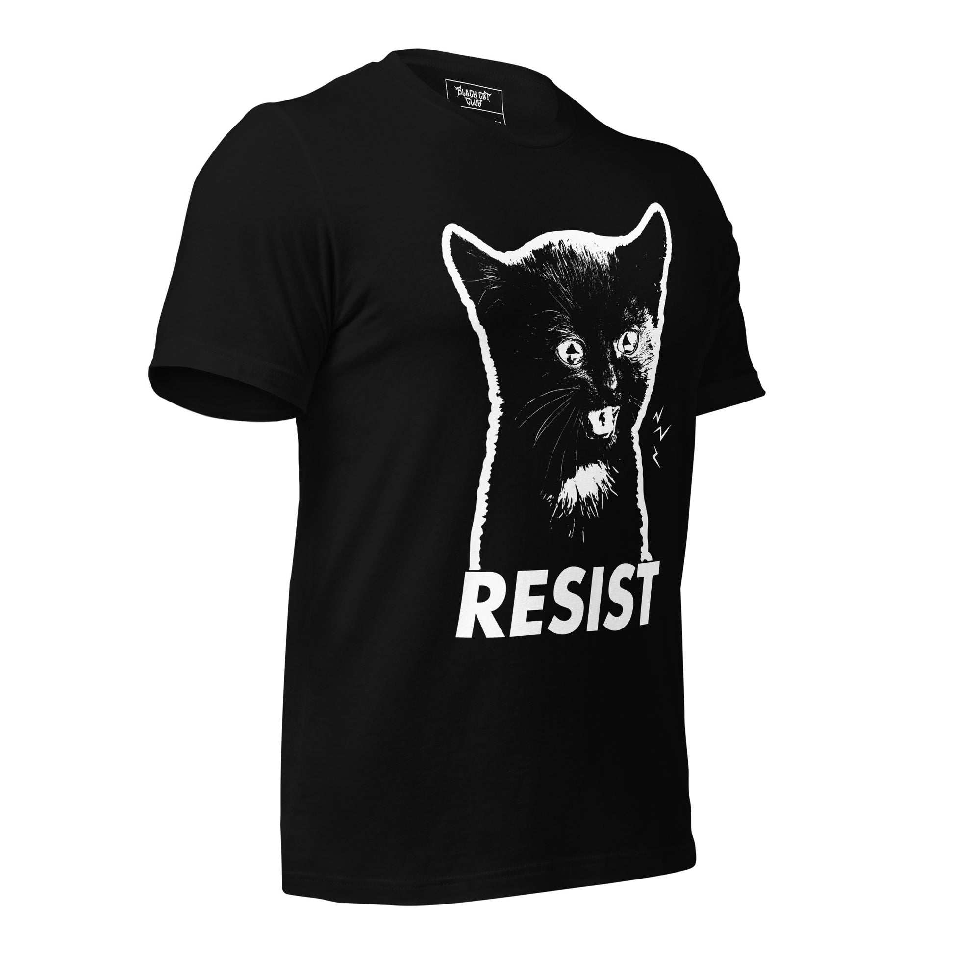 Black t-shirt with a graphic of a cat and the word 'RESIST' on a white background side view