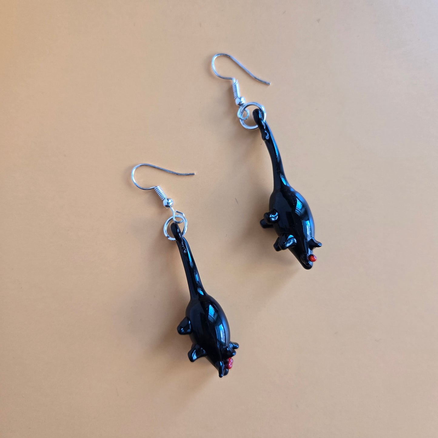 Art Glass Black Rats Dangle Earrings