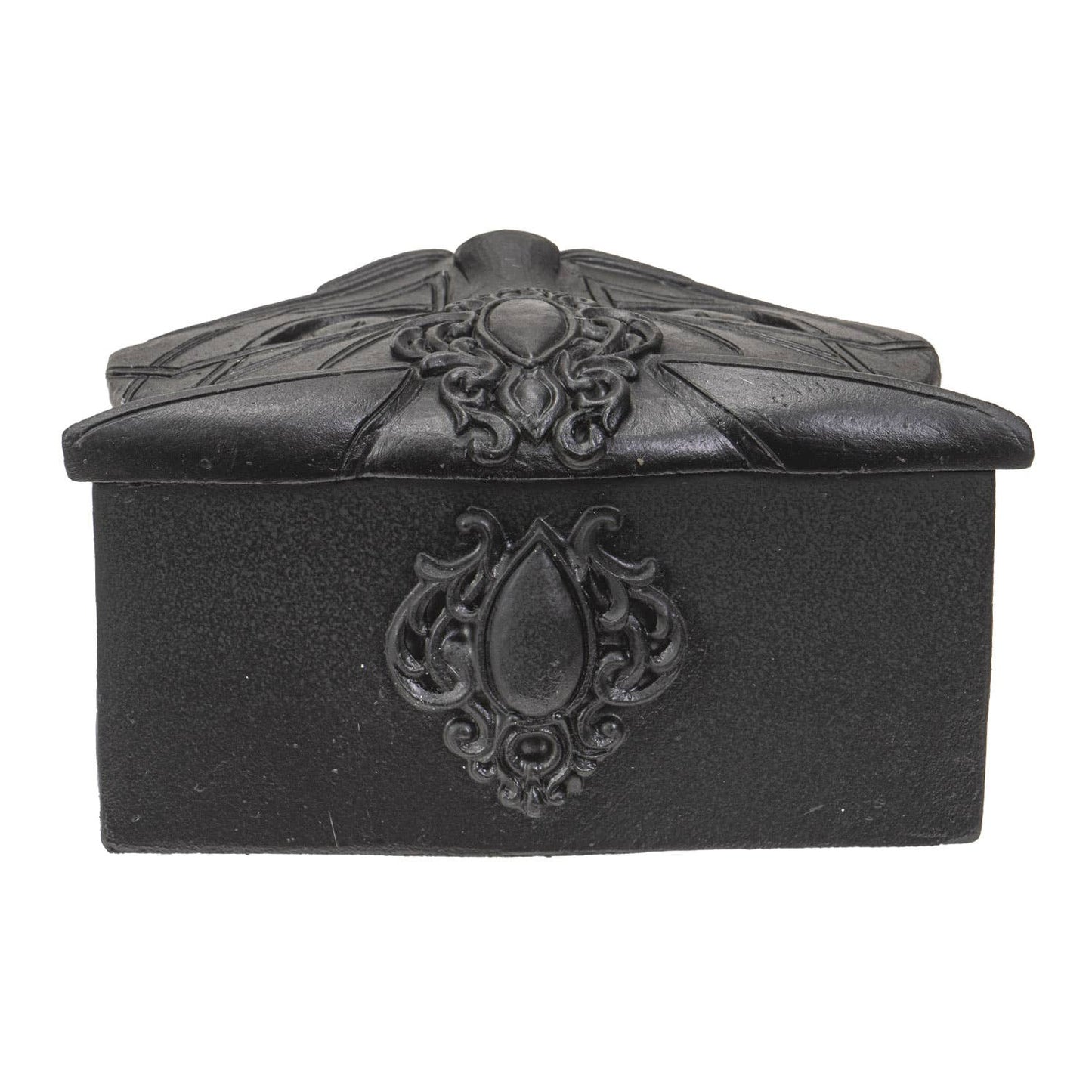 Black cat shaped decorative box with intricate patterns on a white background