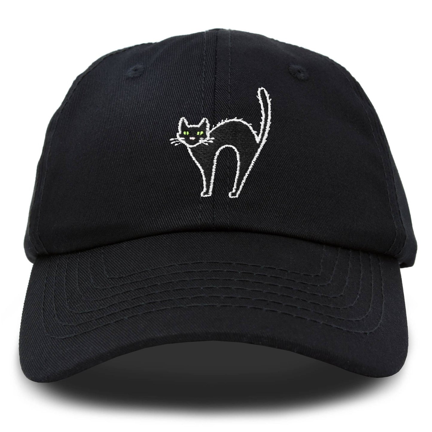 Black baseball cap with a white embroidered design of a cat with arched back and green eyes.
