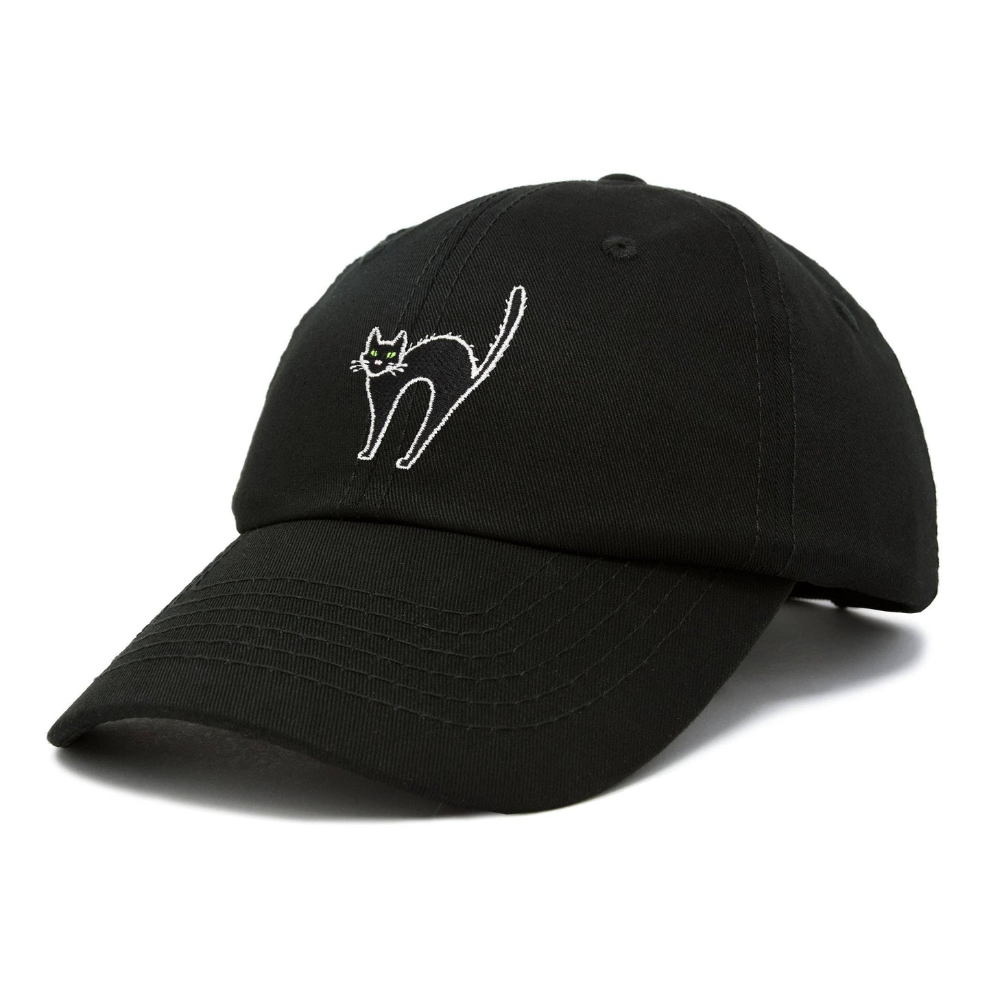 Black baseball cap with a white embroidered design of a cat with arched back and green eyes.
