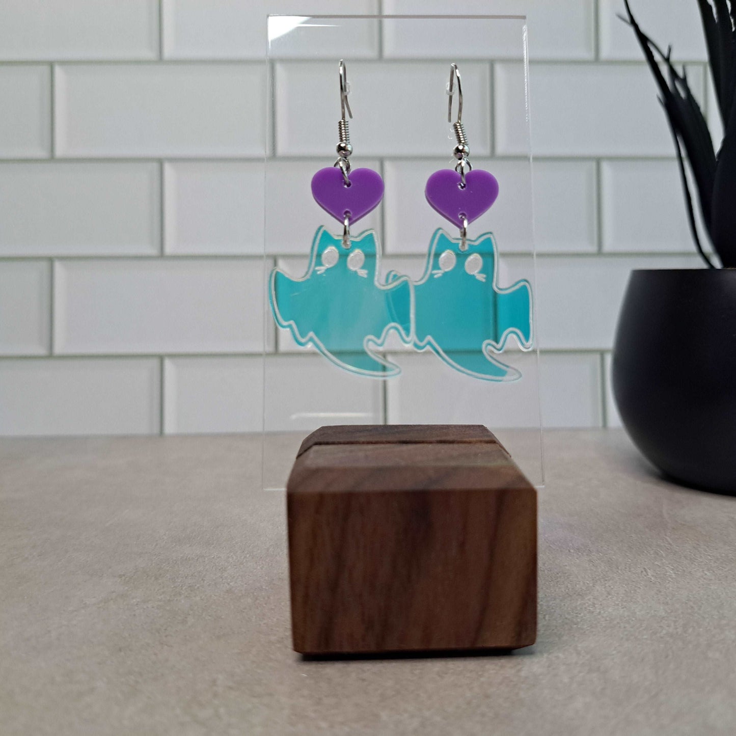 Kitty Ghosts with Purple Heart Dangle Earrings