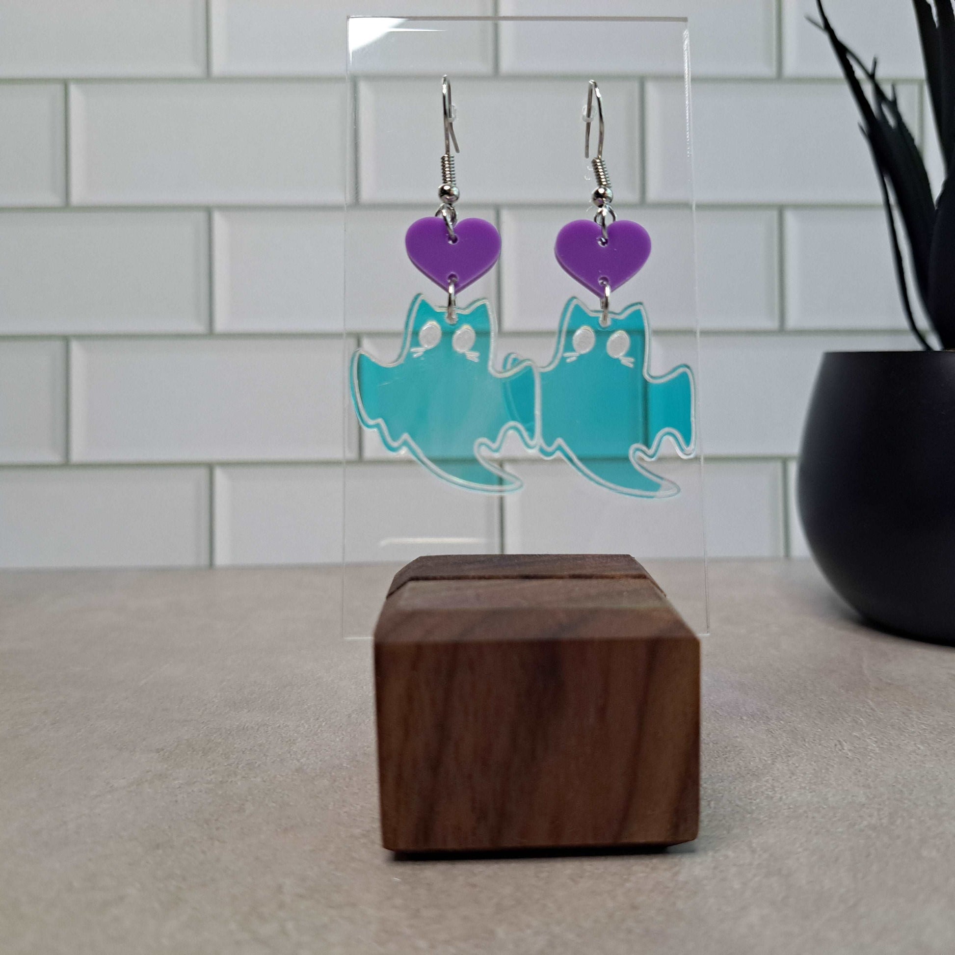 Kitty Ghosts with Purple Heart Dangle Earrings