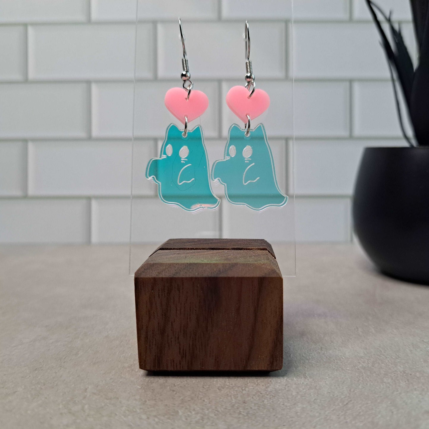 Kitty Ghosts with Pink Heart Dangle Earrings