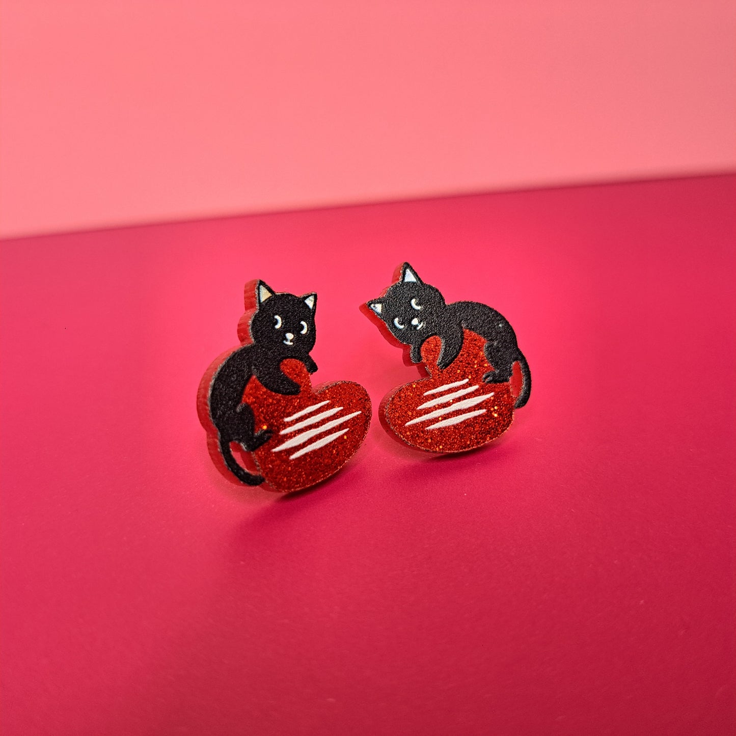 Black Cat Heart Stud Earrings