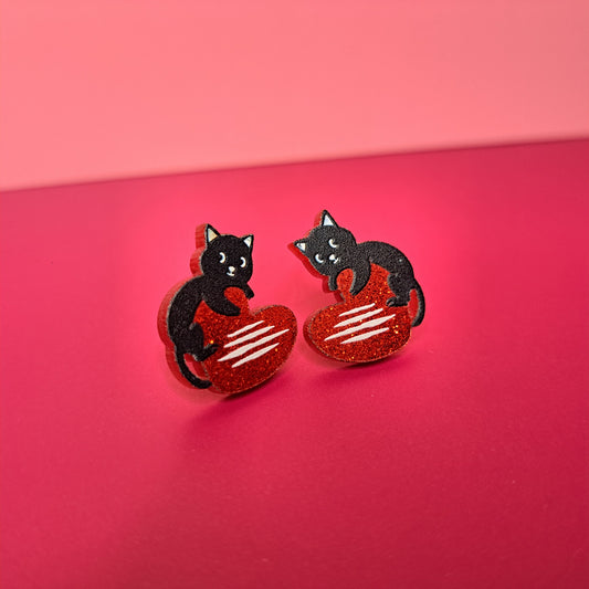 Black Cat Heart Stud Earrings