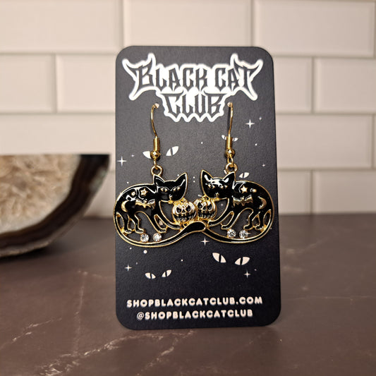 Black Cat Golden Pumpkin Dangle Earrings