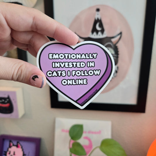 Emotionally Invested in Cats I Follow Online 3" Purple Heart Sticker