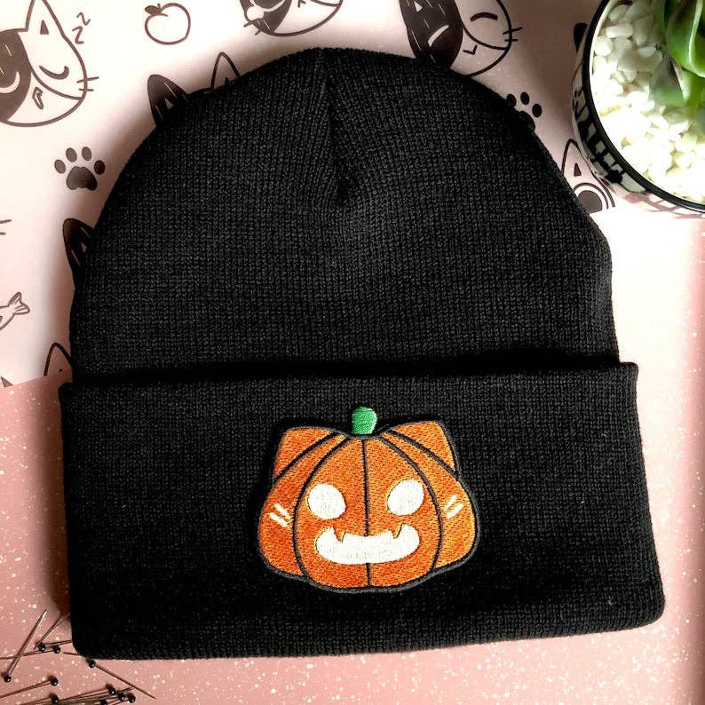 Glow in the Dark Pumpkin Cat Embroidered Beanie