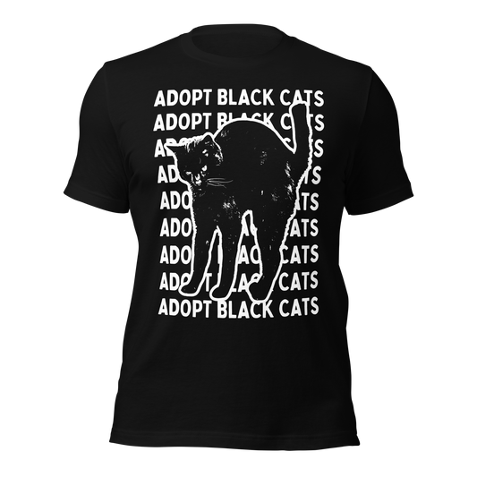 A black unisex t-shirt with white text 'ADOPT BLACK CATS' and an image of a black cat.