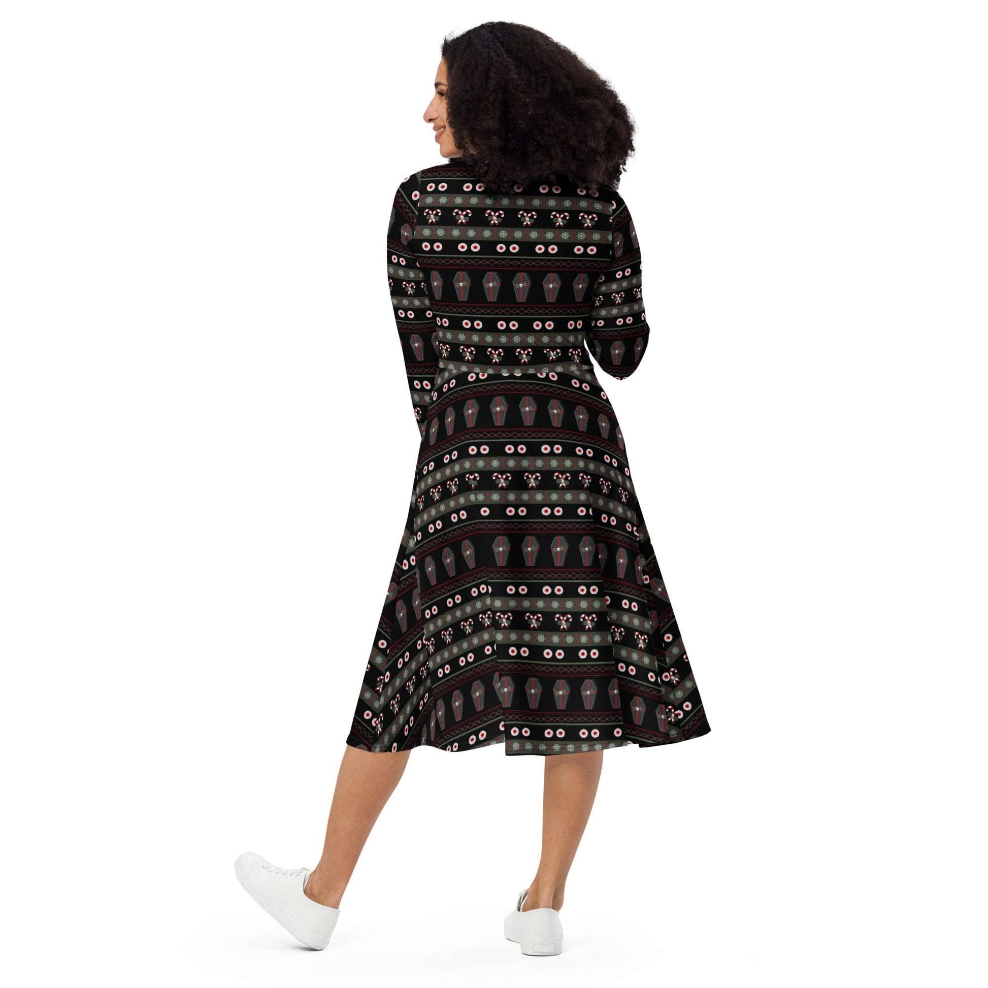 Spooky Christmas Sweater Print Long Sleeve Midi Dress with Pockets