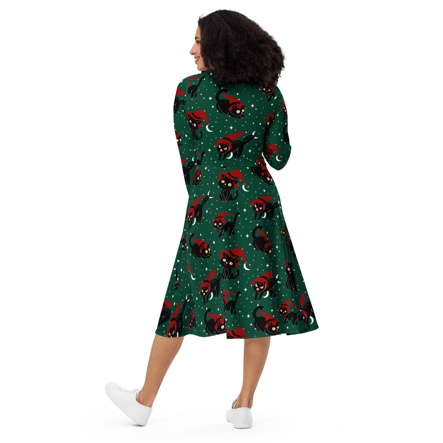 Witch Kitties Holiday Long Sleeve Midi Dress with Pockets