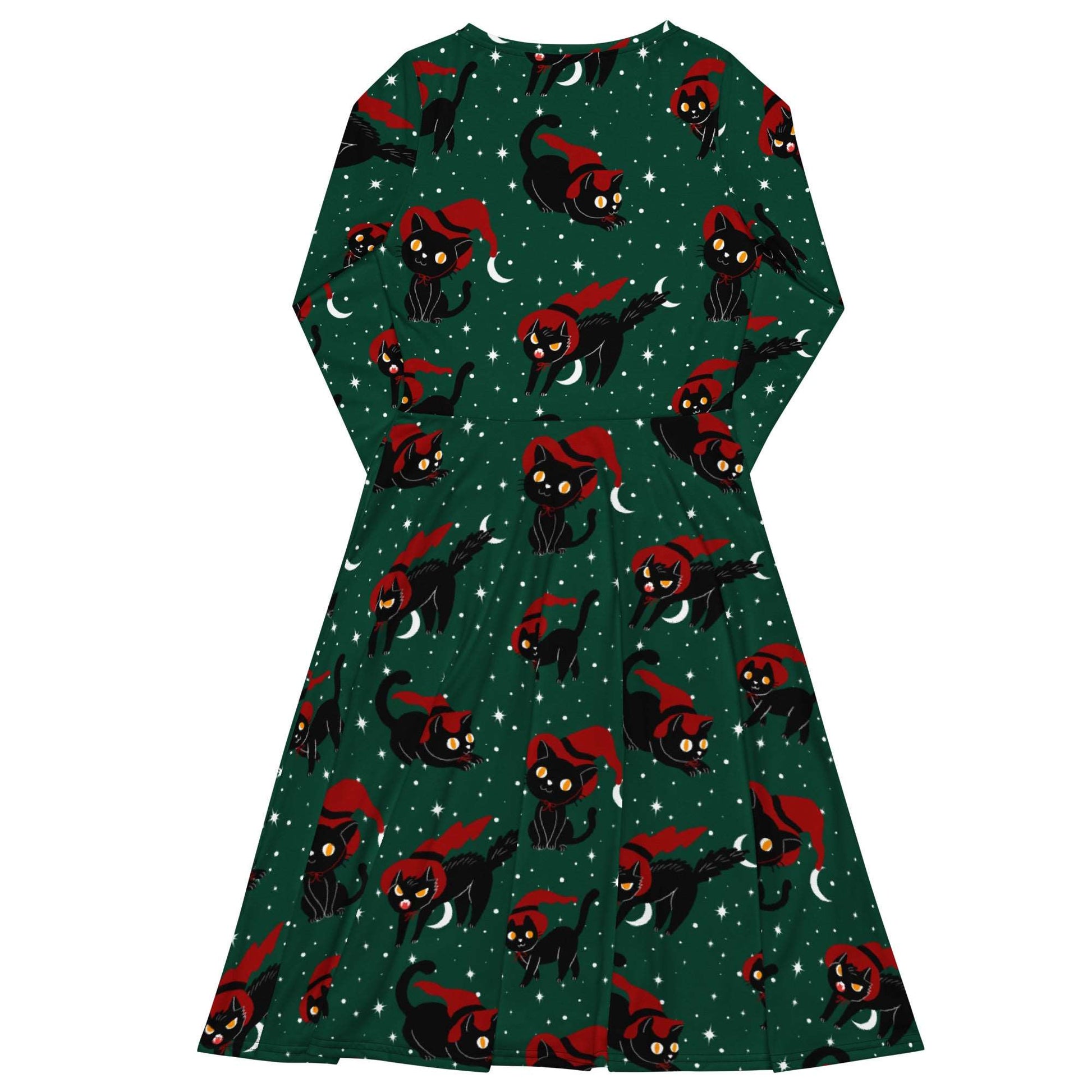 Witch Kitties Holiday Long Sleeve Midi Dress with Pockets