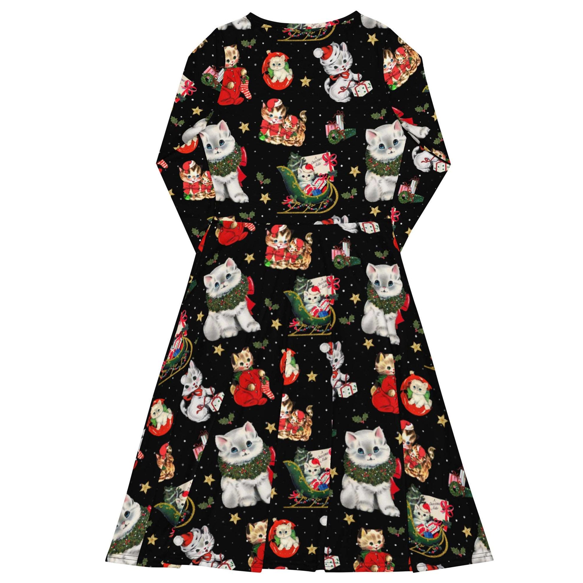 Vintage Xmas Cats Long Sleeve Midi Dress with Pockets