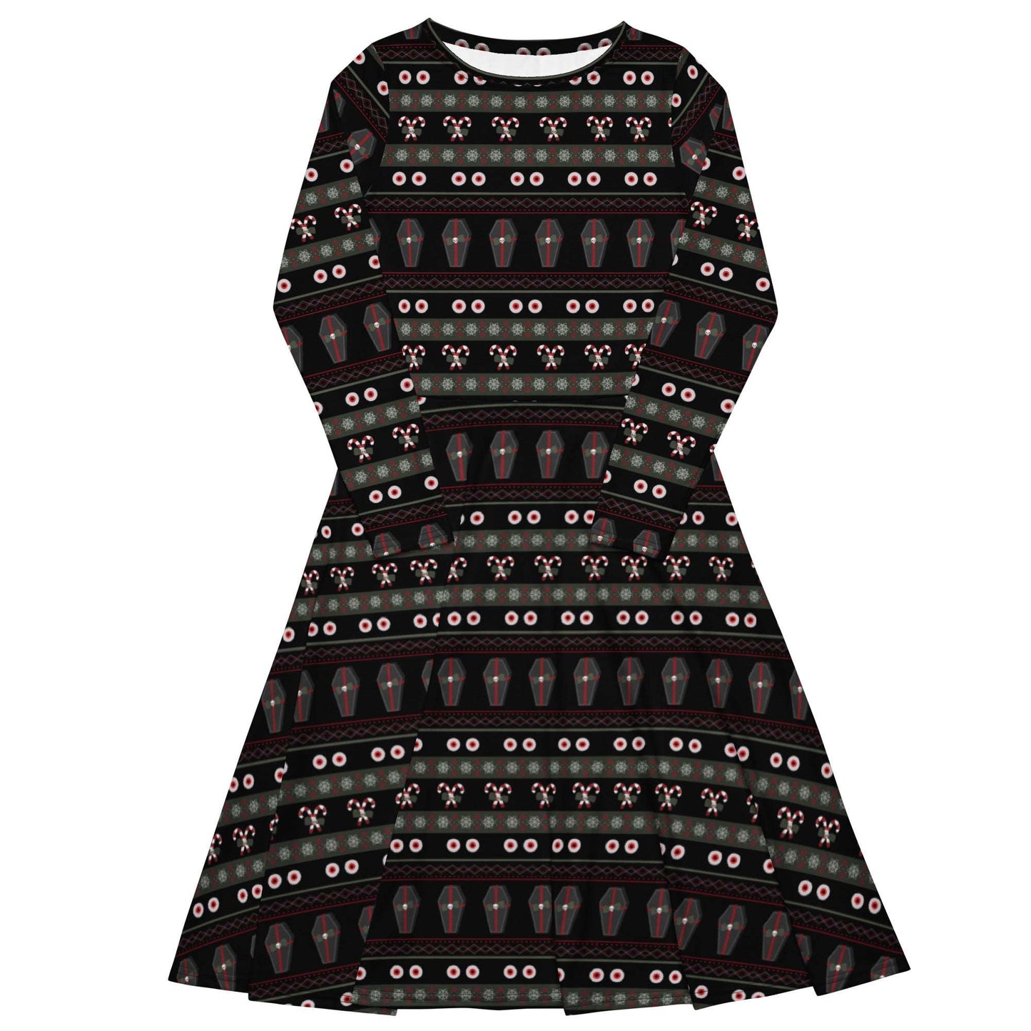 Spooky Christmas Sweater Print Long Sleeve Midi Dress with Pockets