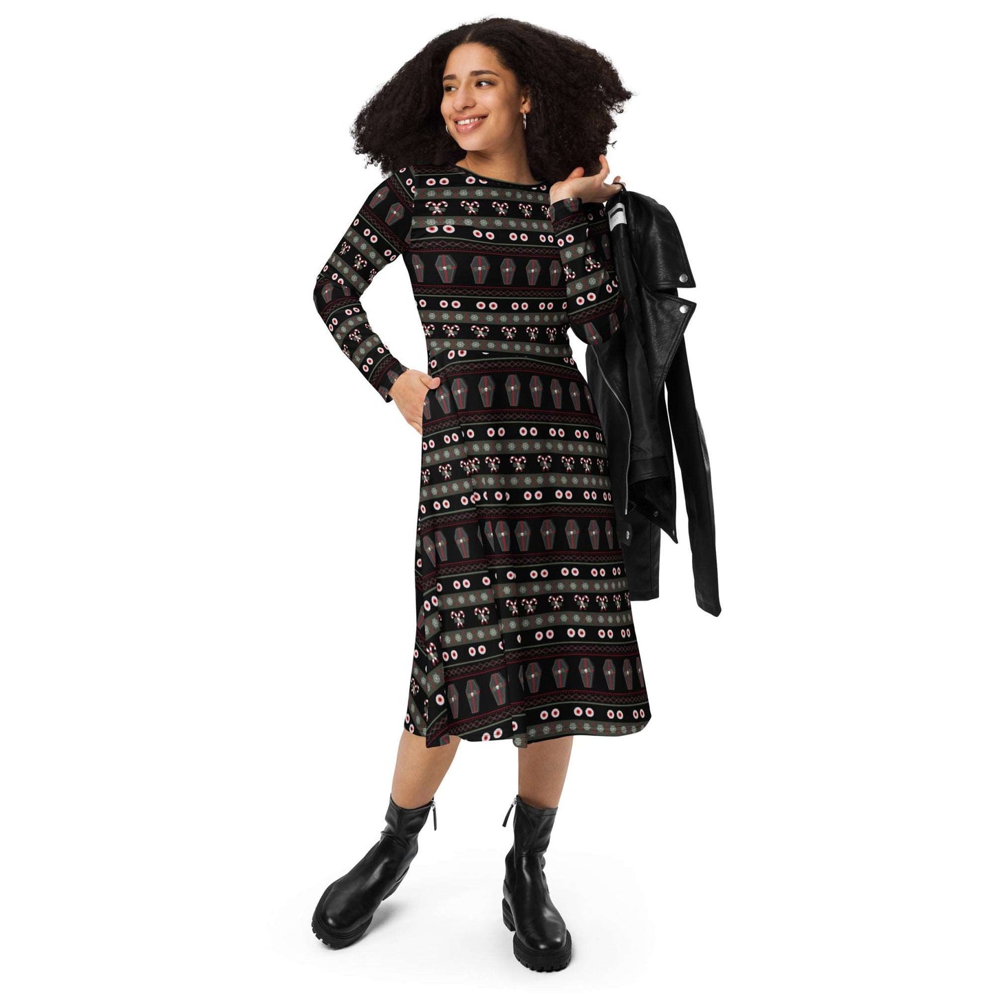 Spooky Christmas Sweater Print Long Sleeve Midi Dress with Pockets