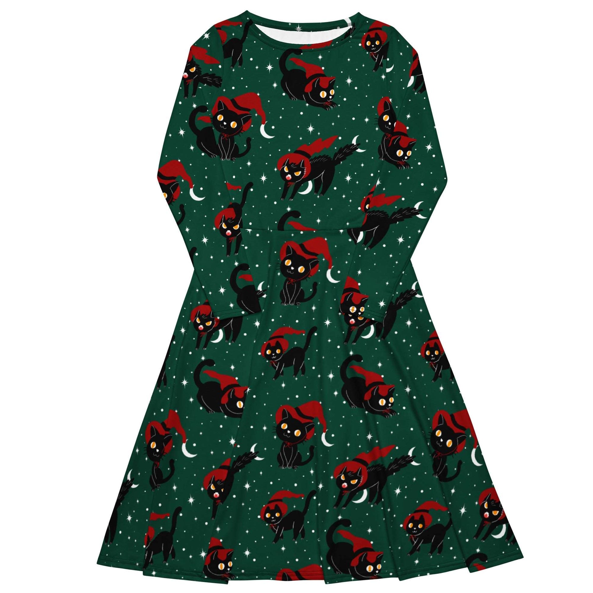 Witch Kitties Holiday Long Sleeve Midi Dress with Pockets