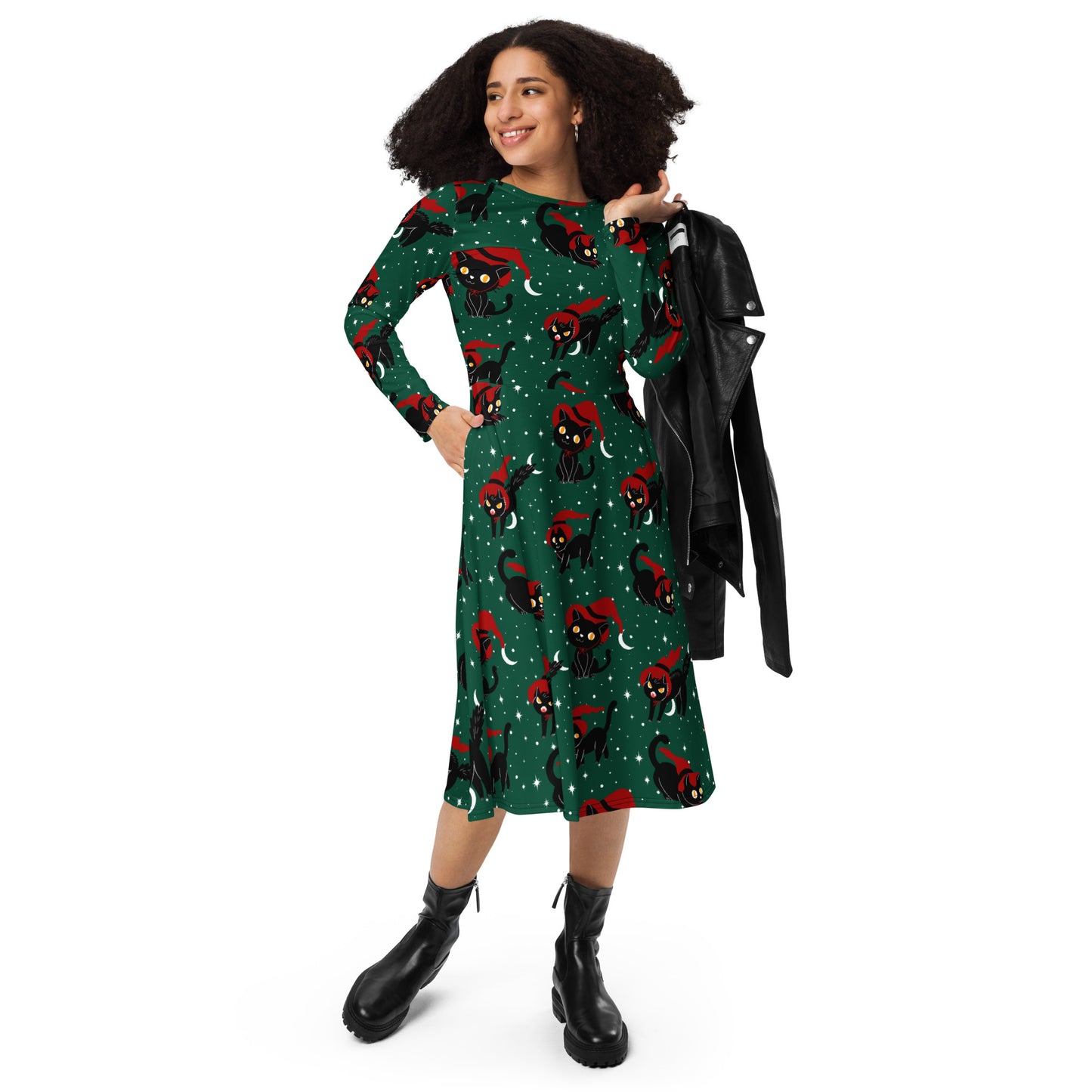 Witch Kitties Holiday Long Sleeve Midi Dress with Pockets