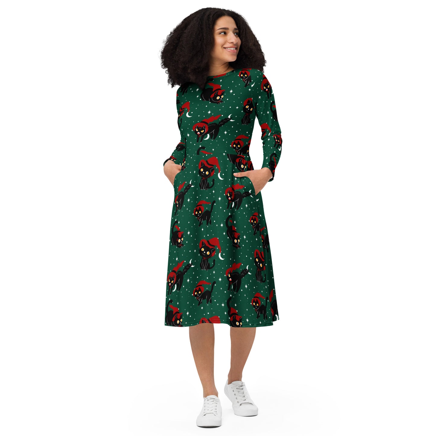 Witch Kitties Holiday Long Sleeve Midi Dress with Pockets