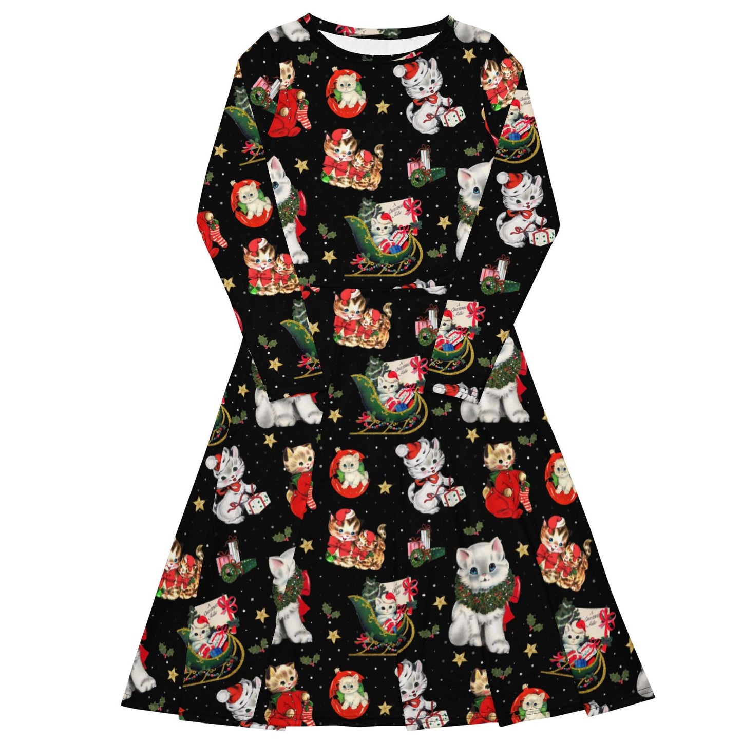 Vintage Xmas Cats Long Sleeve Midi Dress with Pockets