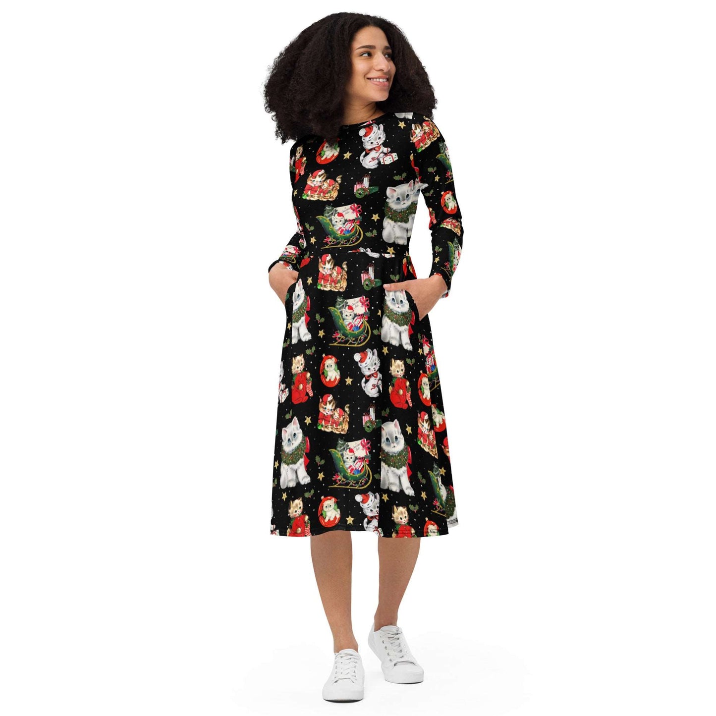 Vintage Xmas Cats Long Sleeve Midi Dress with Pockets