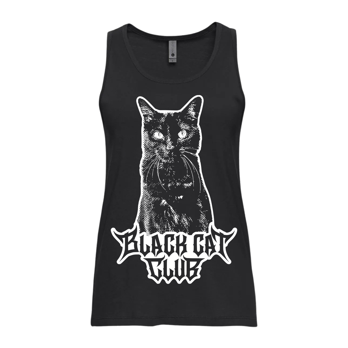 A black sleeveless tank top featuring a white graphic print of a cat's face above the stylized text 'BLACK CAT CLUB', shown on a plain white background.