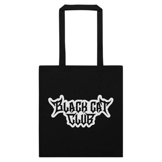 A black canvas tote bag with two black handles, featuring a stylized white 'Black Cat Club' logo printed on the front, set against a plain white background.