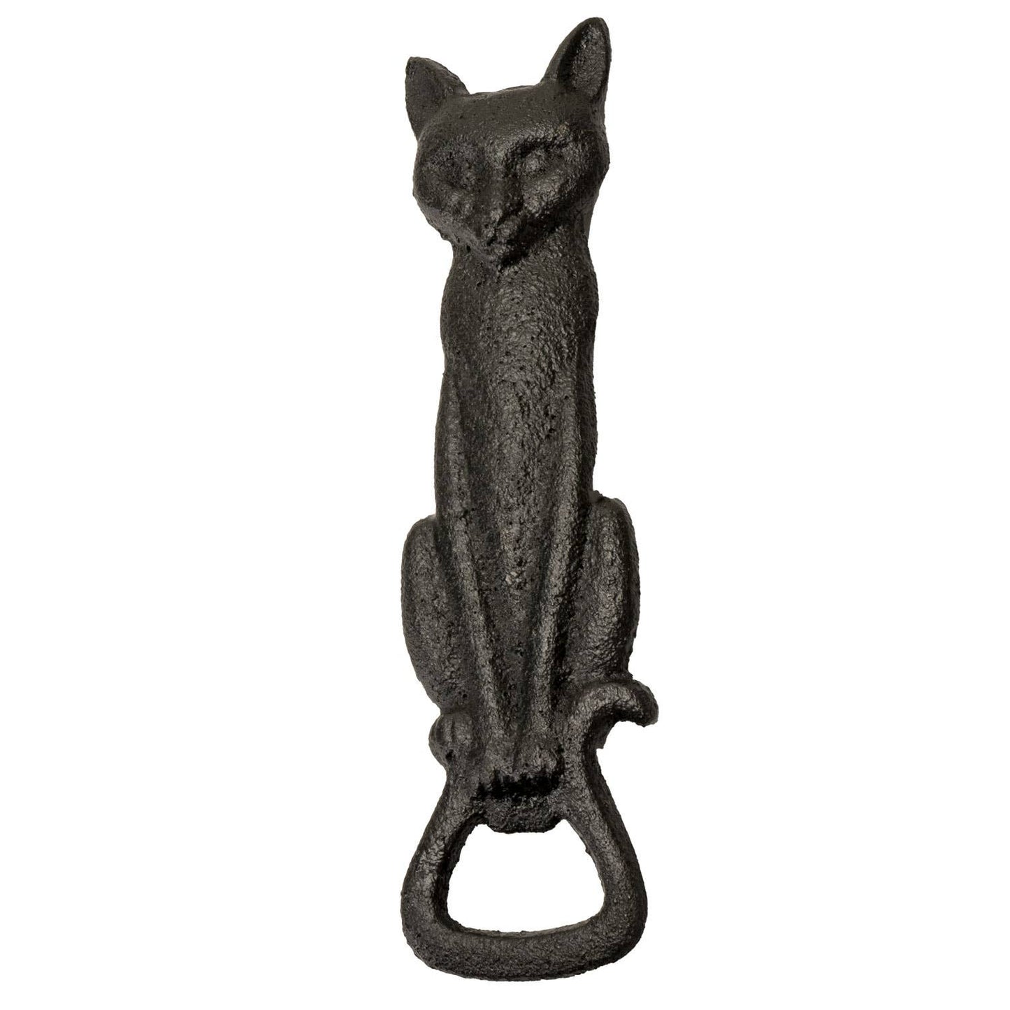Black cast iron cat-shaped bottle opener on a white background