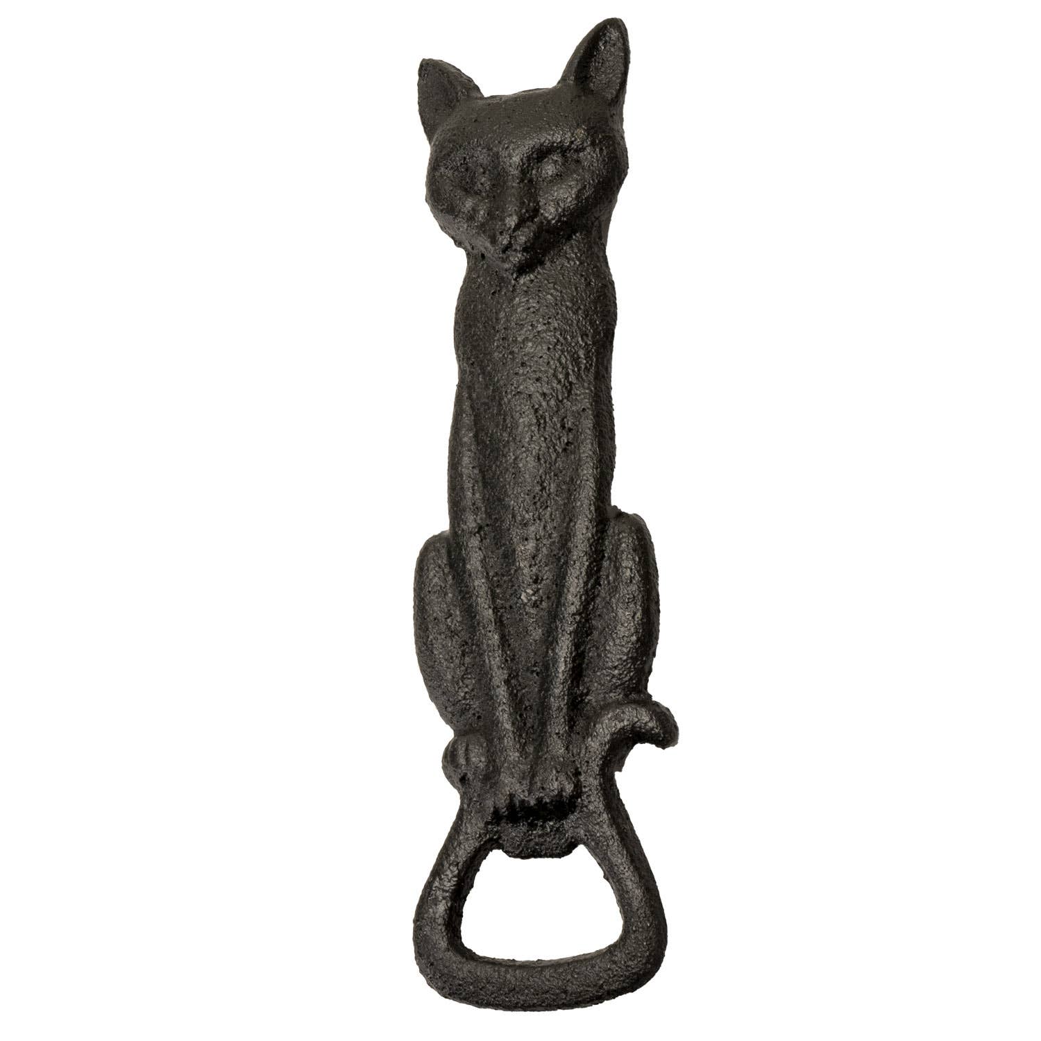 Black cast iron cat-shaped bottle opener on a white background