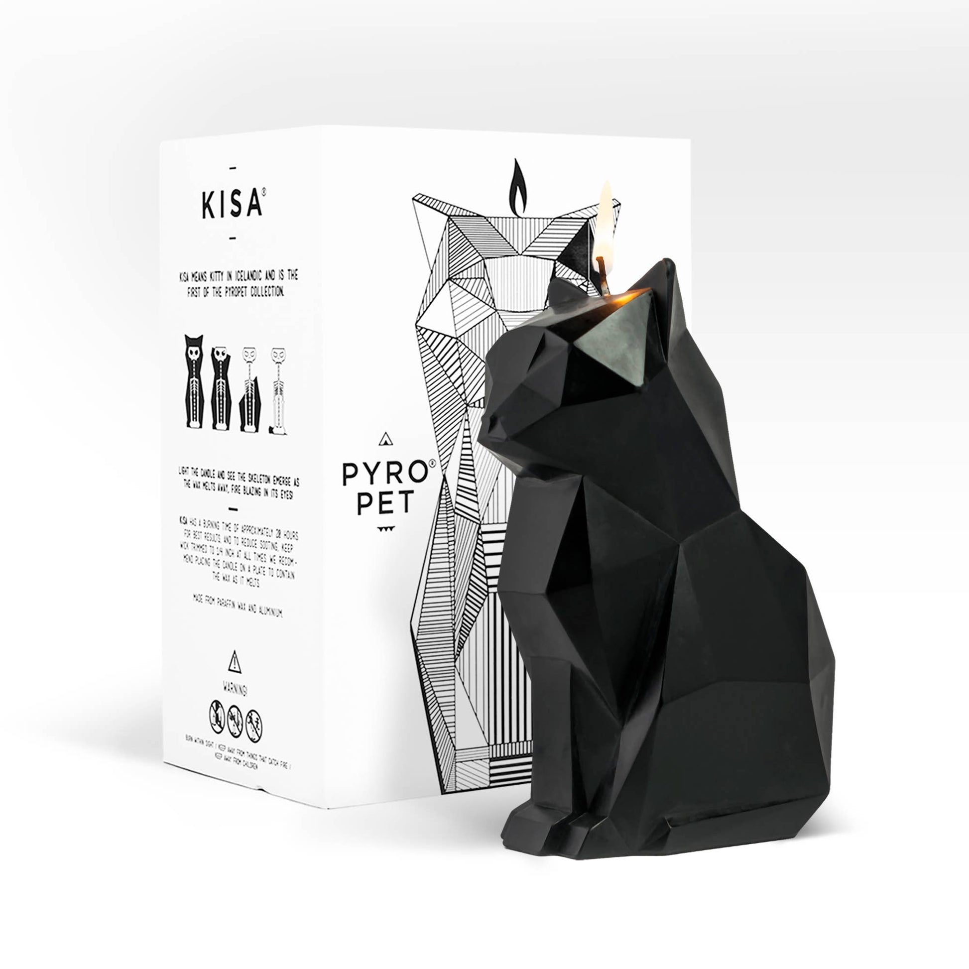 Black cat shaped candle displayed next to it's black and white box