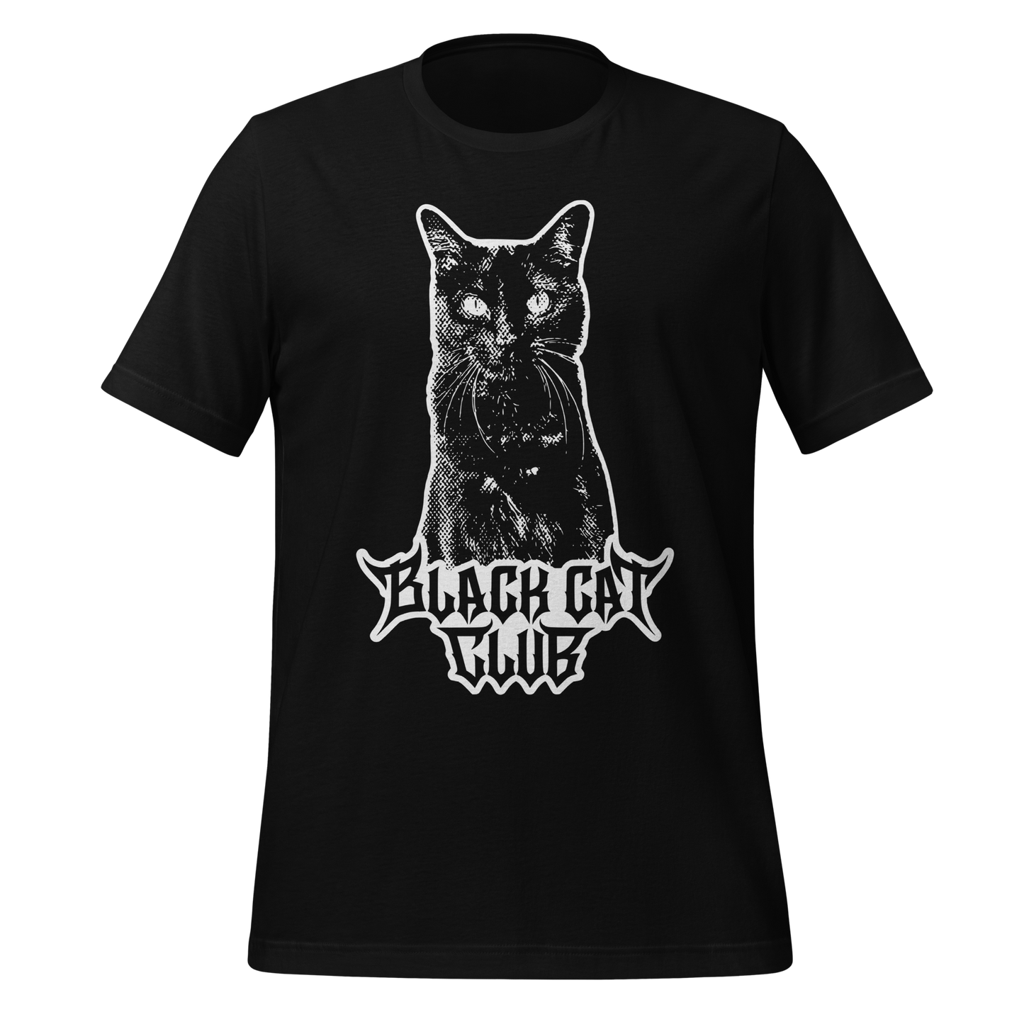 Black t-shirt with a white cat graphic and 'Black Cat Club' logo 