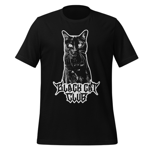 Black t-shirt with a white cat graphic and 'Black Cat Club' logo 