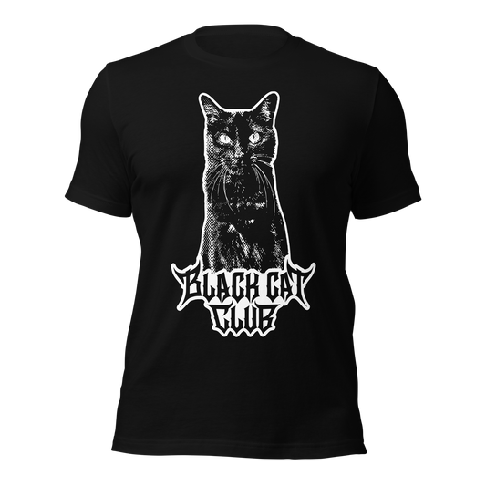 Black t-shirt with a white cat graphic and 'Black Cat Club' logo