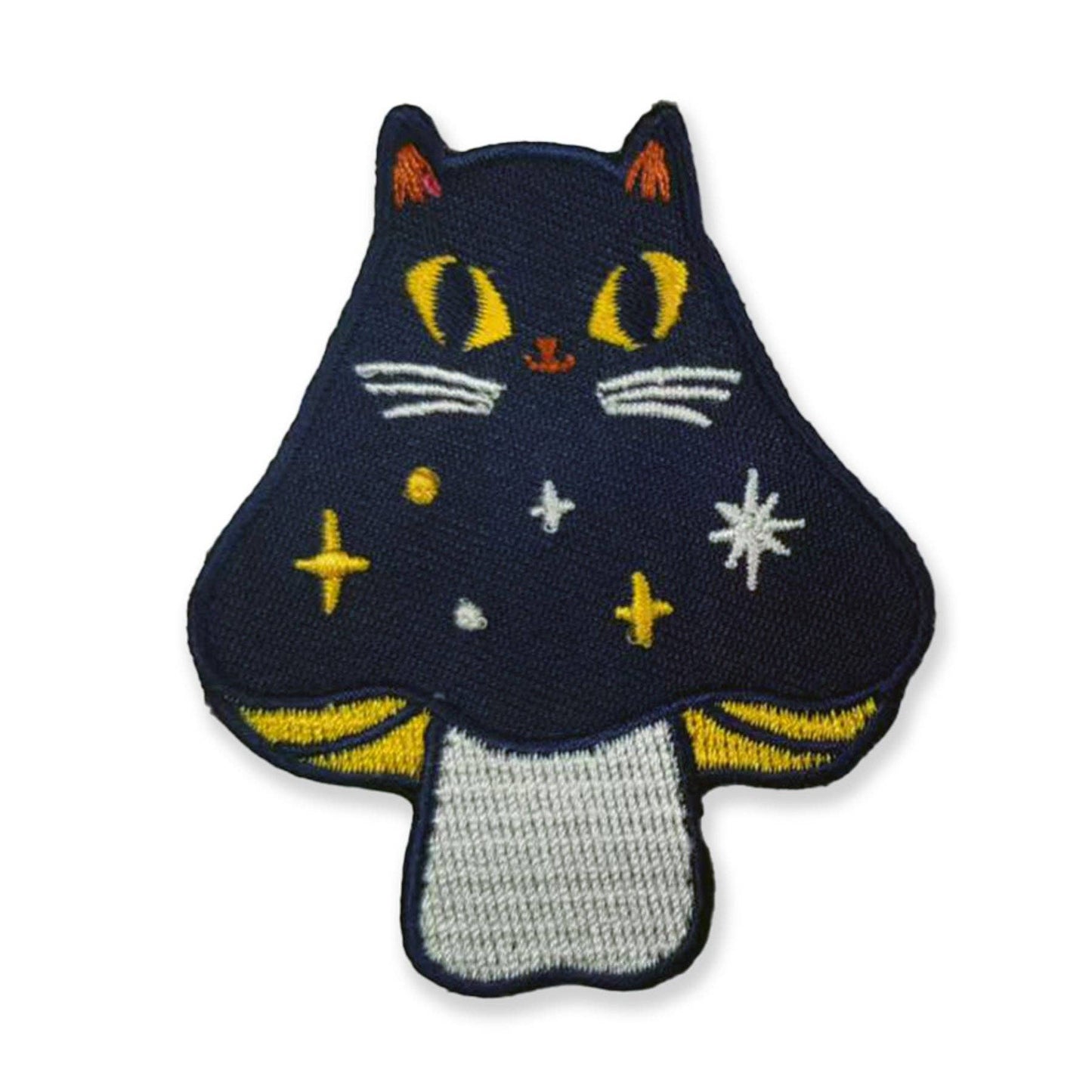 Embroidered patch of a mushroom shaped black cat with yellow accents on a white background