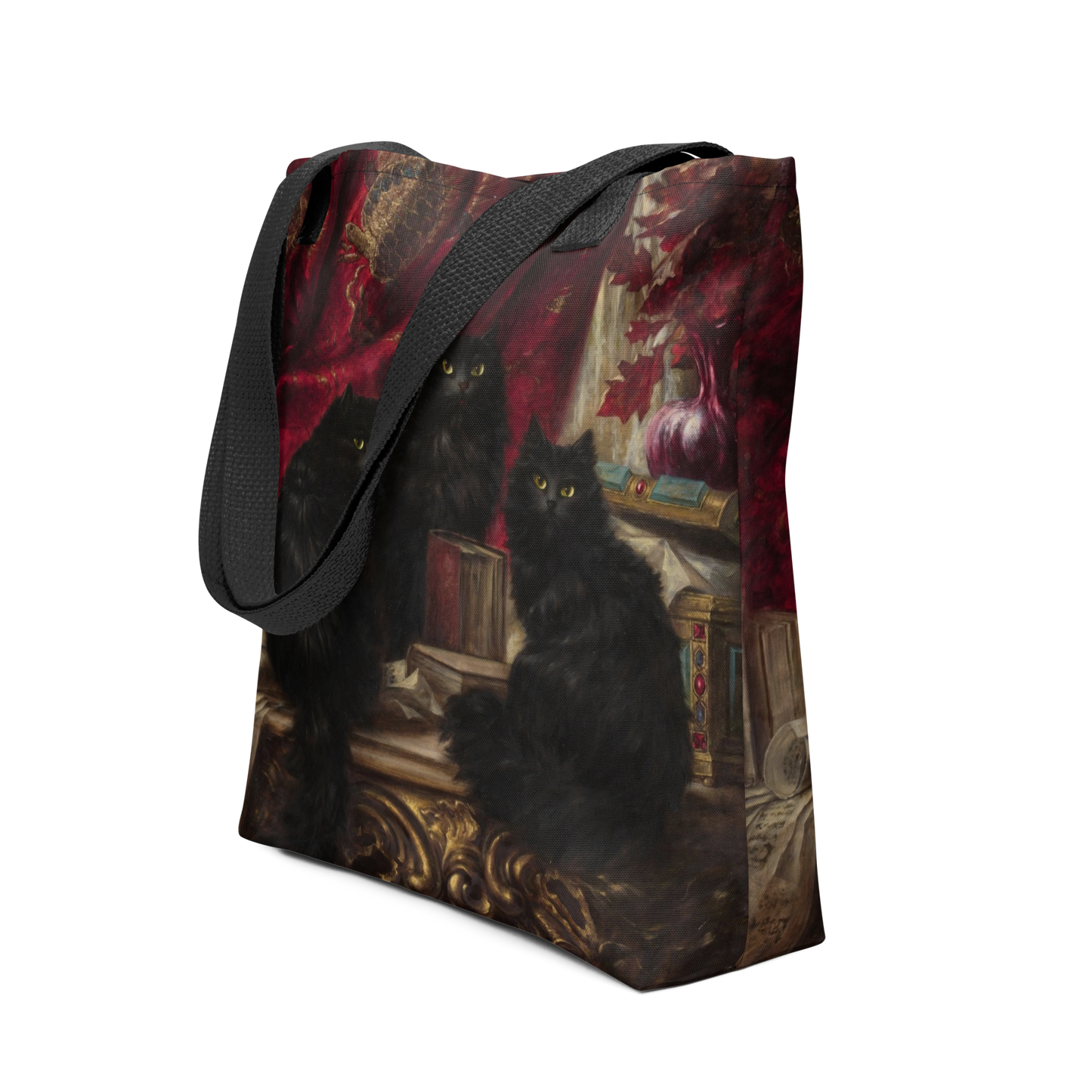 Tote bag with Carl Kahler '3 black cats" design with black handle, side view