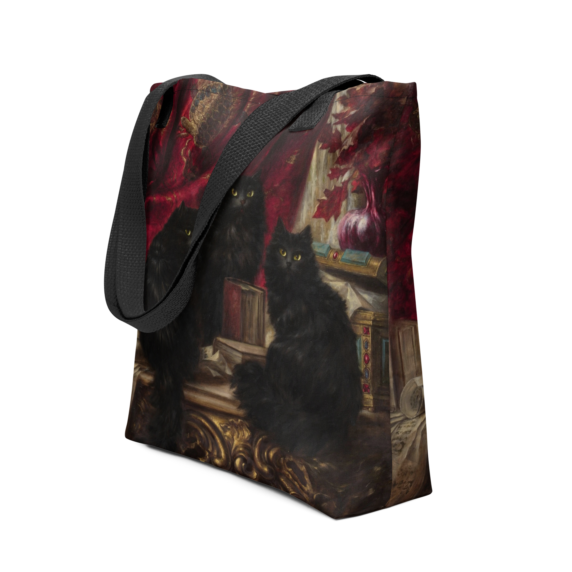Tote bag with Carl Kahler '3 black cats" design with black handle, side view